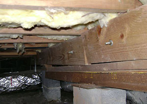 sagging crawl space with wooden shimming a Tahoma crawl space